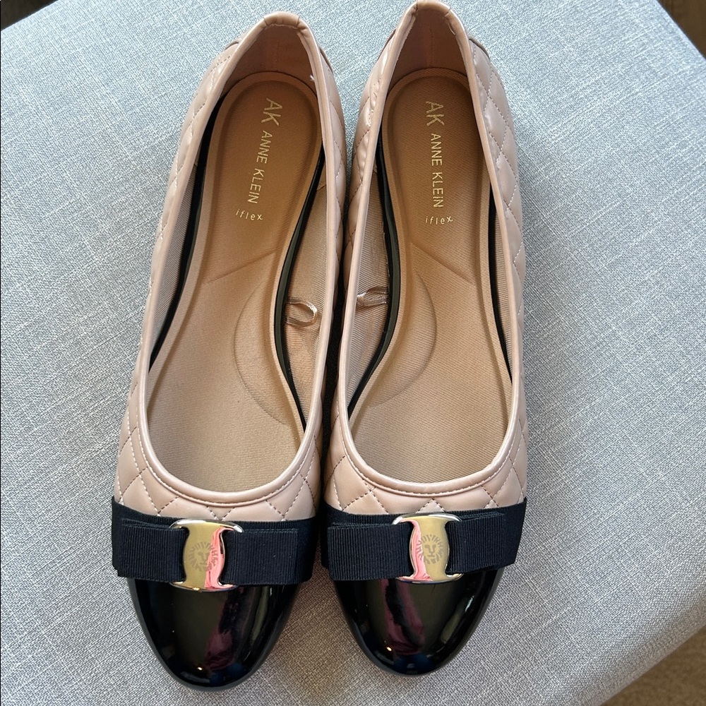 Anne Klein Nude Quilted Flats with Black Bow